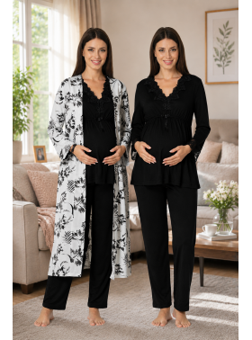 Effortt 8094 Siyah Lohusa Hamile Pijama Takım Sabahlık